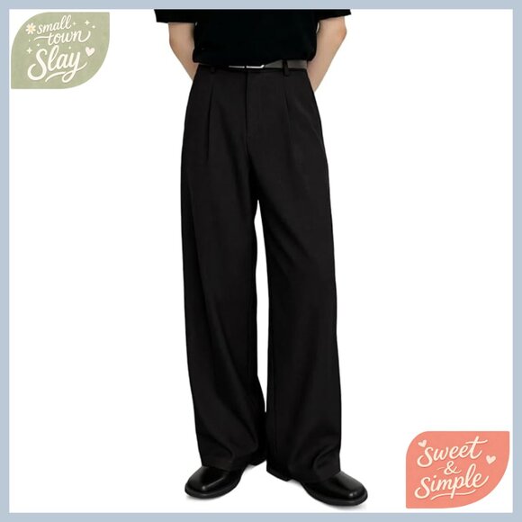 Men's Wide Leg Pleated Dress Pants 30 Inseam Elastic Waist Business Casual